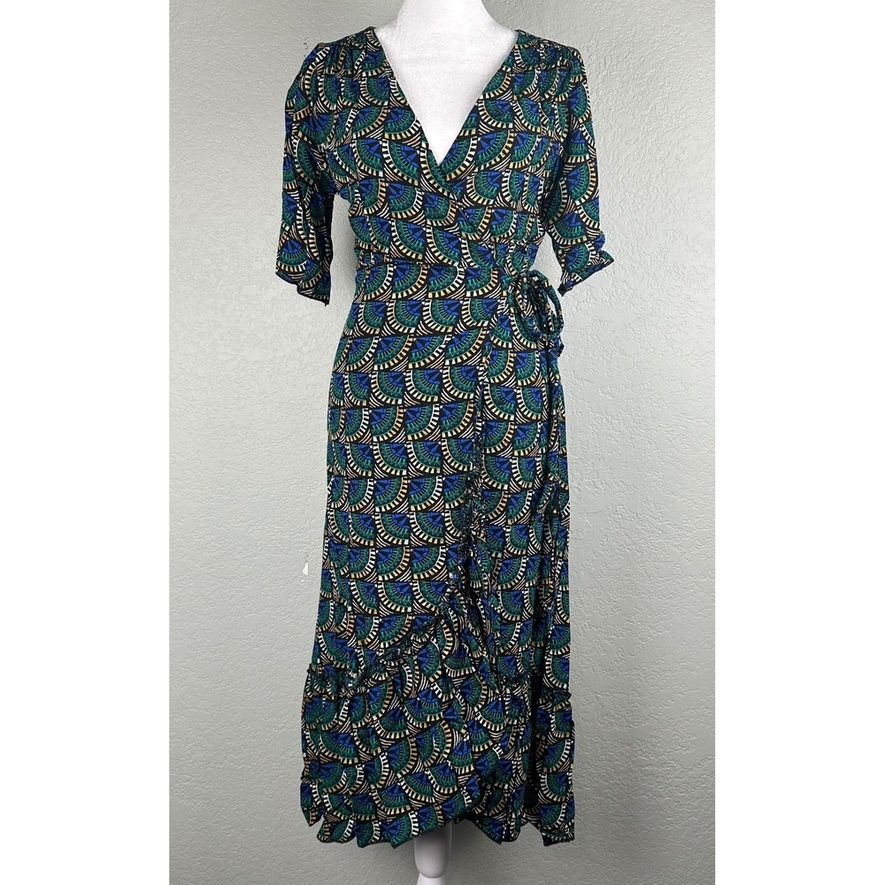NWT Silk&Salt Maxi Wrap Dress Women Sz S Green African Peacock Print Resort Boho